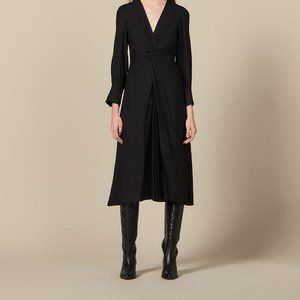 Sandro Minella layered twist-front crepe and pleated twill midi dress